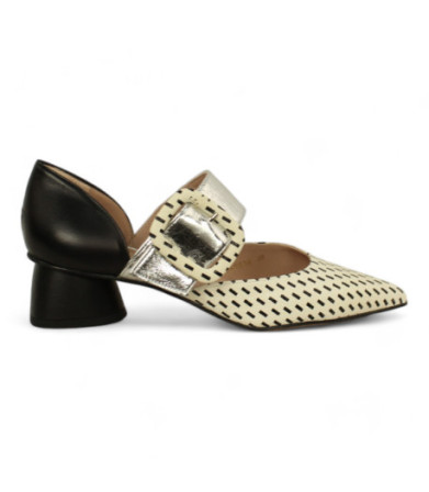 zapato tacon 4 cm abierto lateral con hebilla empeine fabricado en españa piel fantasia