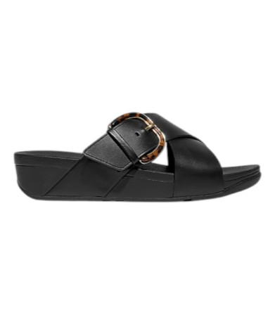 Fitflop LULU Resin-Buckle Leather Cross Slides Black